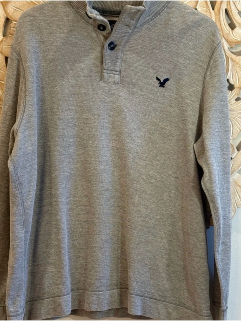 American Eagle Outfitters Gray Henley Pullover with Navy Logo